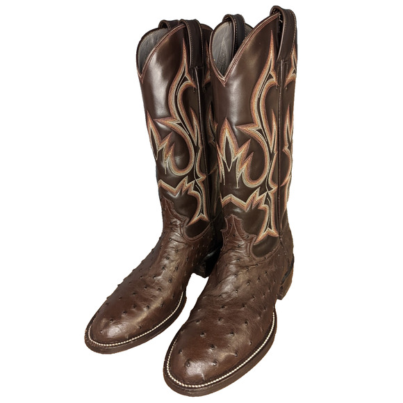 Men’s Full Quill Ostrich Cowboy Boots Brown Leather Western Handmade US 9.5 D